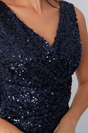 Kadın Lacivert V Yaka Pul Payet Uzun Abiye Elbise