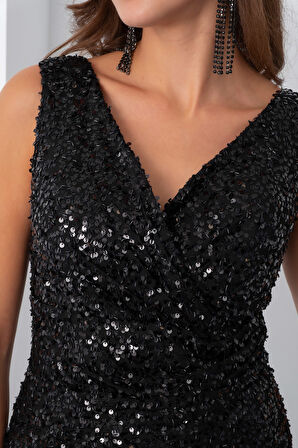 Kadın Siyah V Yaka Pul Payet Uzun Abiye Elbise