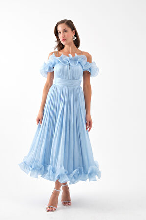 Kadın Bebe Mavi Yaka Detay Midi Abiye Elbise