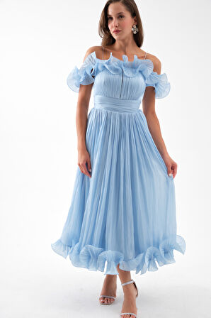 Kadın Bebe Mavi Yaka Detay Midi Abiye Elbise