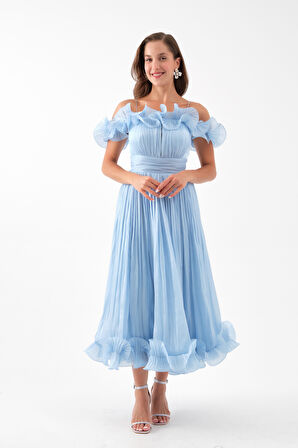 Kadın Bebe Mavi Yaka Detay Midi Abiye Elbise