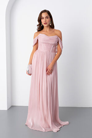 Kadın Pudra Kayık Yaka Uzun Abiye Elbise