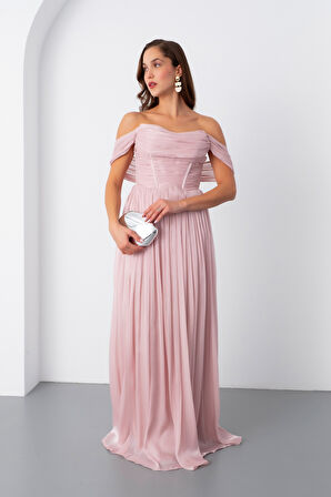 Kadın Pudra Kayık Yaka Uzun Abiye Elbise