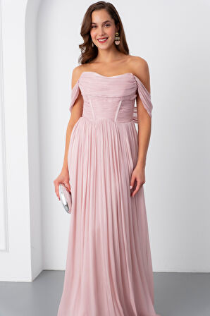 Kadın Pudra Kayık Yaka Uzun Abiye Elbise