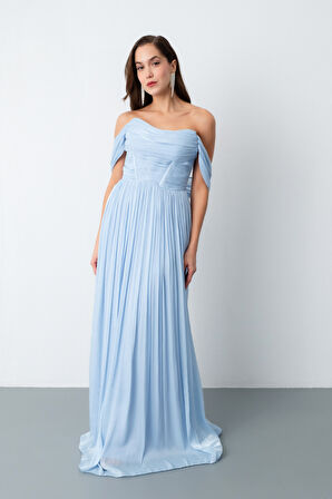 Kadın Bebe Mavi Kayık Yaka Uzun Abiye Elbise