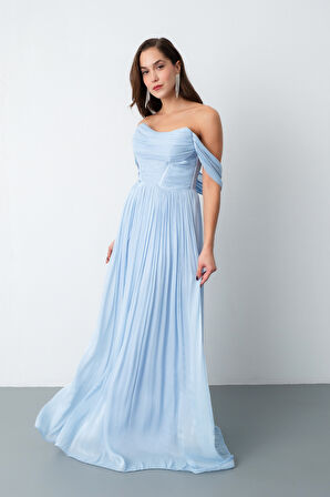 Kadın Bebe Mavi Kayık Yaka Uzun Abiye Elbise