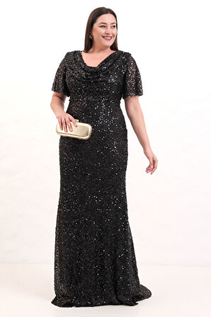 Kadın Siyah Degaje Yaka Pul Payet Büyük Beden Uzun Abiye Elbise