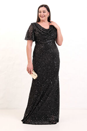 Kadın Siyah Degaje Yaka Pul Payet Büyük Beden Uzun Abiye Elbise