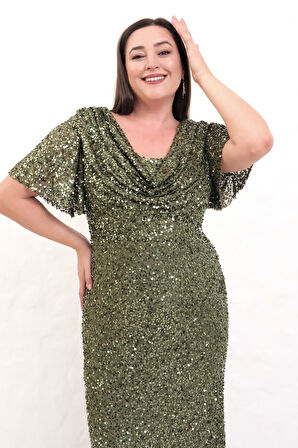 Kadın Haki Degaje Yaka Pul Payet Büyük Beden Uzun Abiye Elbise