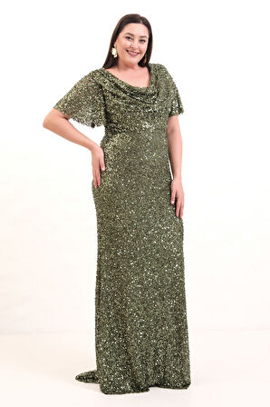 Kadın Haki Degaje Yaka Pul Payet Büyük Beden Uzun Abiye Elbise