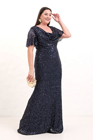 Kadın Lacivert Degaje Yaka Pul Payet Büyük Beden Uzun Abiye Elbise