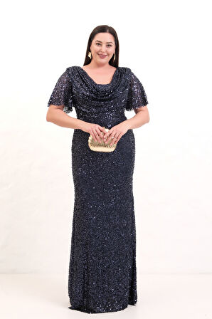 Kadın Lacivert Degaje Yaka Pul Payet Büyük Beden Uzun Abiye Elbise