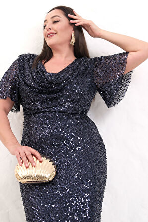 Kadın Lacivert Degaje Yaka Pul Payet Büyük Beden Uzun Abiye Elbise