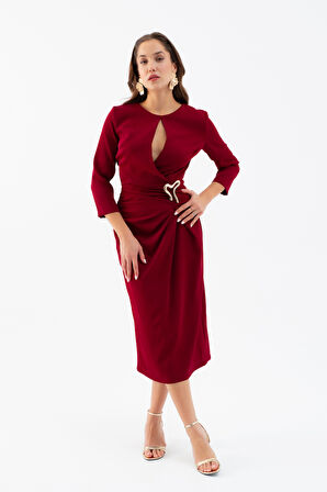 Kadın Bordo Aksesuar Detay Midi Elbise