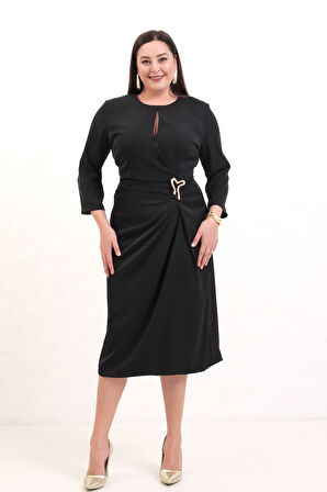 Kadın Siyah Aksesuar Detay Midi Elbise