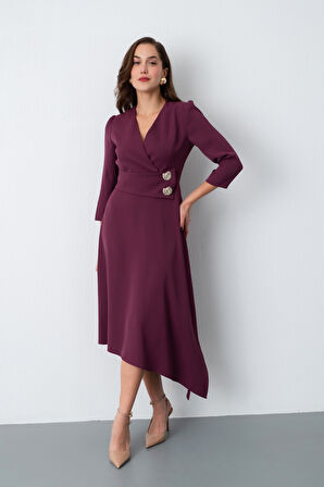 Kadın Mürdüm Kemer Detay Saten Davet Elbisesi