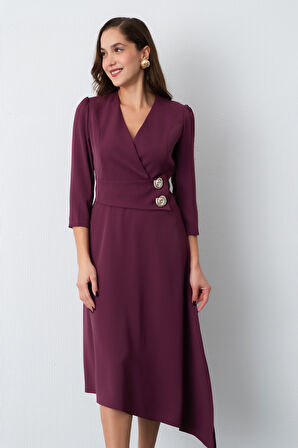 Kadın Mürdüm Kemer Detay Saten Davet Elbisesi