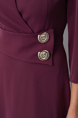 Kadın Mürdüm Kemer Detay Saten Davet Elbisesi