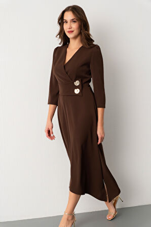 Kadın Kahverengi Kemer Detay Saten Davet Elbisesi