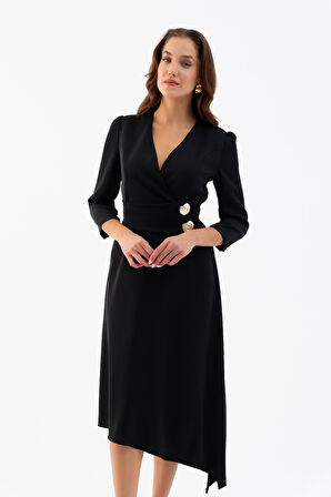 Kadın Siyah Kemer Detay Saten Davet Elbisesi