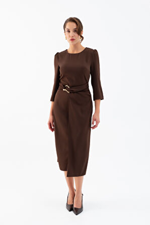Kadın Kahverengi Bisiklet Yaka Aksesuar Detay Midi Davet Elbisesi