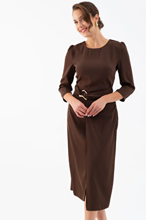 Kadın Kahverengi Bisiklet Yaka Aksesuar Detay Midi Davet Elbisesi