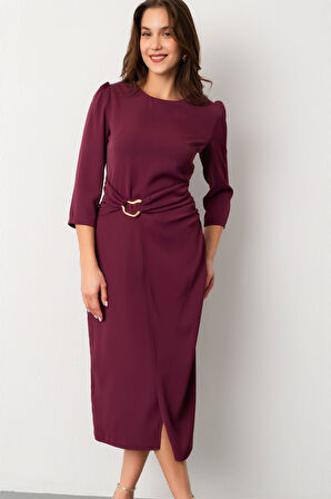 Kadın Mürdüm Bisiklet Yaka Aksesuar Detay Midi Davet Elbisesi