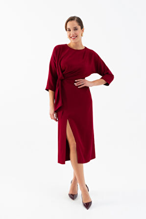 Kadın Bordo Yırtmaçlı Midi Saten Davet Elbisesi