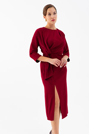 Kadın Bordo Yırtmaçlı Midi Saten Davet Elbisesi