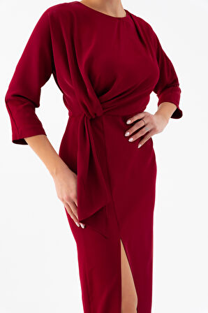 Kadın Bordo Yırtmaçlı Midi Saten Davet Elbisesi