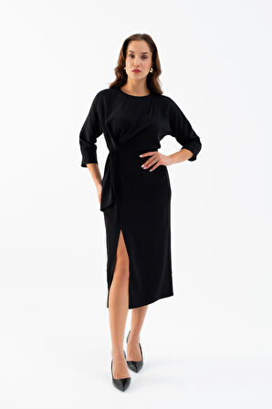 Kadın Siyah Yırtmaçlı Midi Saten Davet Elbisesi