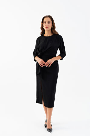 Kadın Siyah Yırtmaçlı Midi Saten Davet Elbisesi