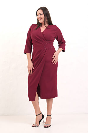 Kadın Bordo Kruvaze Yaka Boncuk İşlemeli Büyük Beden Midi Elbise