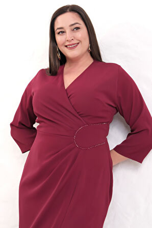 Kadın Bordo Kruvaze Yaka Boncuk İşlemeli Büyük Beden Midi Elbise