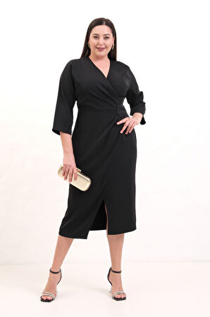 Kadın Siyah Kruvaze Yaka Boncuk İşlemeli Büyük Beden Midi Elbise