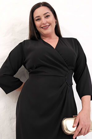 Kadın Siyah Kruvaze Yaka Boncuk İşlemeli Büyük Beden Midi Elbise