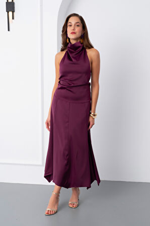 Kadın Mürdüm Degaje Yaka Saten Etek Bluz Takım