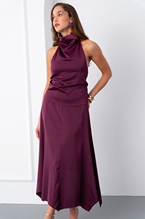 Kadın Mürdüm Degaje Yaka Saten Etek Bluz Takım