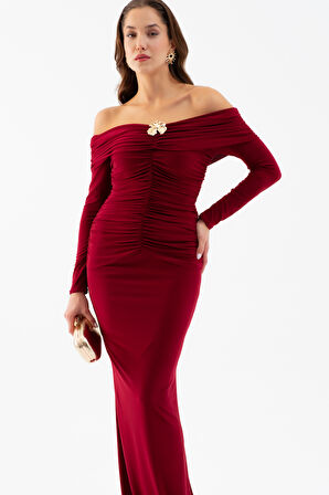 Kadın Bordo Büzgü Detay Uzun Elbise