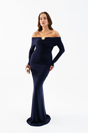 Kadın Lacivert Büzgü Detay Uzun Elbise