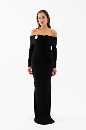 Kadın Siyah Büzgü Detay Uzun Elbise