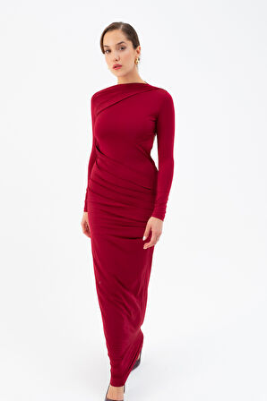 Kadın Bordo Sırt Dekolteli Uzun Örme Elbise