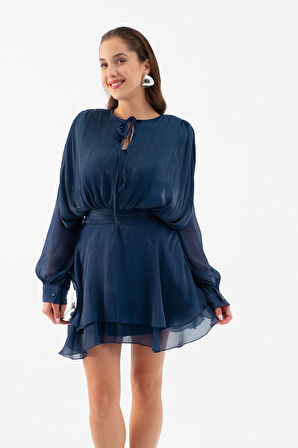 Kadın Lacivert Fırfırlı Mini Elbise