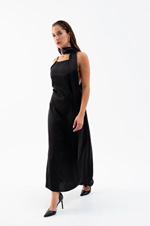 Kadın Siyah Fularlı Maxi Saten Elbise