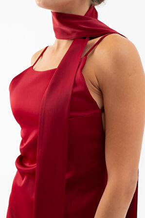 Kadın Bordo Fularlı Maxi Saten Elbise