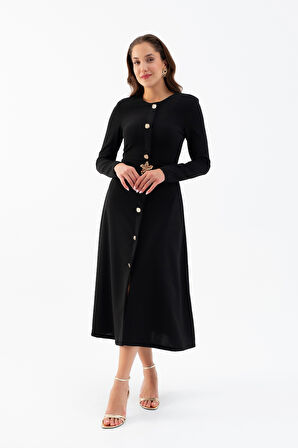 Kadın Siyah Uzun Kol Gold Düğmeli Midi Elbise