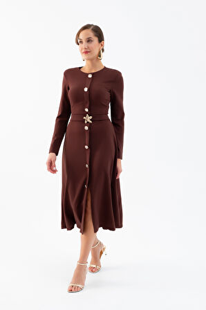 Kadın Kahverengi Uzun Kol Gold Düğmeli Midi Elbise