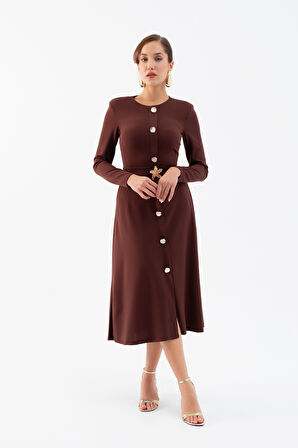 Kadın Kahverengi Uzun Kol Gold Düğmeli Midi Elbise