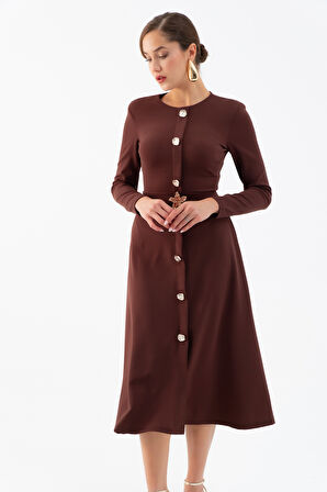 Kadın Kahverengi Uzun Kol Gold Düğmeli Midi Elbise