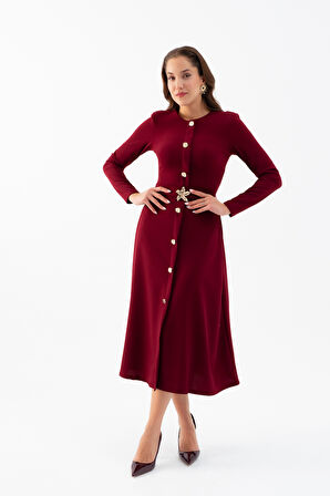 Kadın Bordo Uzun Kol Gold Düğmeli Midi Elbise